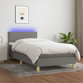 Cama box spring colchón y luces LED tela gris oscuro 90x190 cm