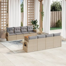 Juego de sofás jardín con cojines beige mezcla 9 pzas ratán PE
