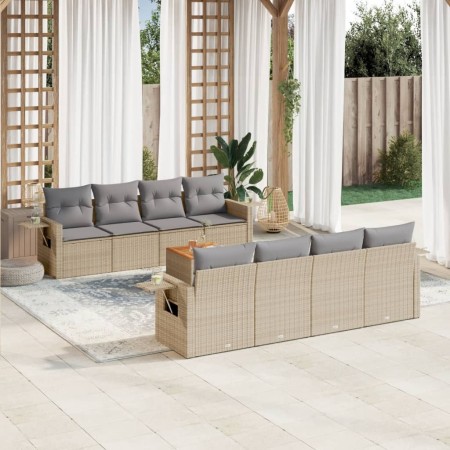 Juego de sofás jardín con cojines beige mezcla 9 pzas ratán PE