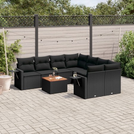 Set de sofás de jardín 8 piezas y cojines ratán sintético negro