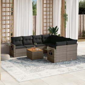 Set de muebles de jardín 9 pzas y cojines ratán sintético gris en Conjuntos de jardín | Comprar online en Foro24