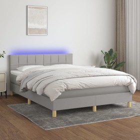 Cama box spring colchón y luces LED tela gris claro 140x200 cm