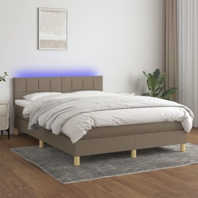 Cama box spring con colchón LED tela gris taupe 140x200 cm