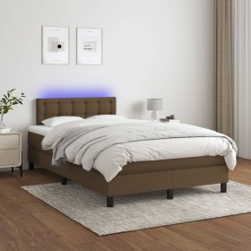 Cama box spring con colchón y LED tela marrón oscuro 120x200 cm