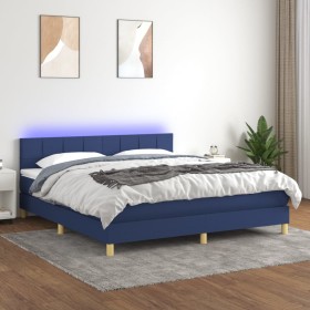 Cama box spring con colchón y LED tela azul 160x200 cm