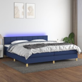 Cama box spring con colchón y LED tela azul 200x200 cm