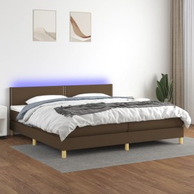 Cama box spring con colchón LED tela marrón oscuro 200x200 cm