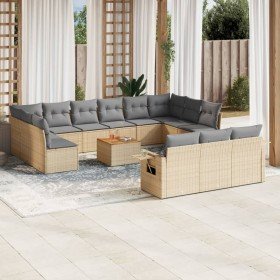 Set sofás jardín 14 pzas y cojines ratán sintético beige mezcla