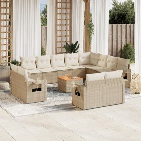Set sofás de jardín con cojines 13 pzas ratán sintético beige