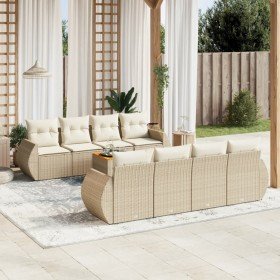 Set de sofás de jardín 9 pzas con cojines ratán sintético beige