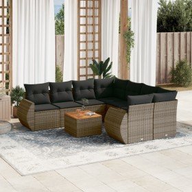 Set de muebles de jardín 9 pzas y cojines ratán sintético gris