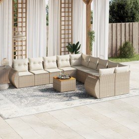 Set de sofás de jardín 11pzas con cojines ratán sintético beige