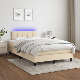 Cama box spring con colchón y LED tela crema 120x200 cm