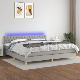 Cama box spring con colchón tela y LED gris claro 200x200 cm