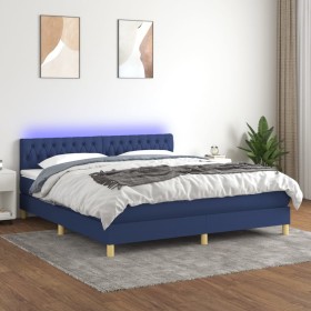 Cama box spring con colchón y LED tela azul 180x200 cm