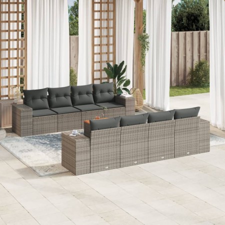 Set de muebles de jardín 9 pzas y cojines ratán sintético gris
