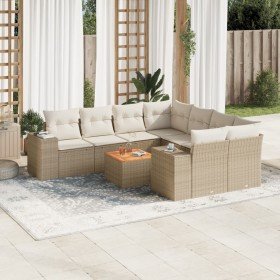 Set de sofás de jardín 9 pzas con cojines ratán sintético beige Set de sofás de jardín 9 pzas con cojines ratán sintético beige