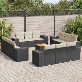 Set de sofás de jardín y cojines 13 pzas ratán sintético negro