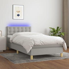 Cama box spring con colchón tela y LED gris claro 90x190 cm