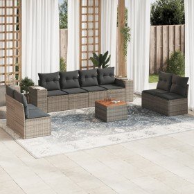 Set de muebles de jardín 9 pzas y cojines ratán sintético gris