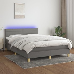 Cama box spring colchón y luces LED tela gris oscuro 140x190 cm