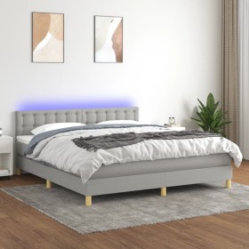 Cama box spring con colchón tela y LED gris claro 180x200 cm