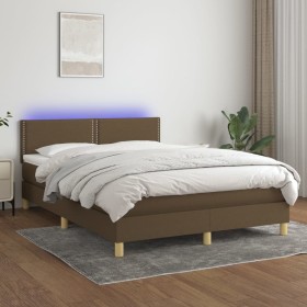 Cama box spring colchón luces LED tela marrón oscuro 140x190 cm