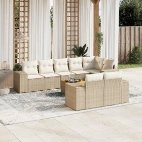 Set de sofás de jardín 9 pzas con cojines ratán sintético beige