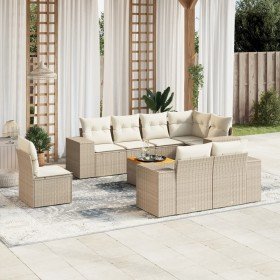 Set de sofás de jardín 9 pzas con cojines ratán sintético beige