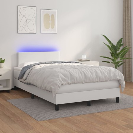 Cama box spring colchón y LED cuero sintético blanco 120x200 cm