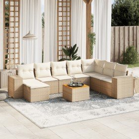 Set de sofás de jardín 9 pzas con cojines ratán sintético beige