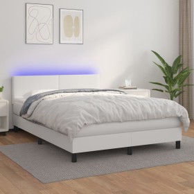 Cama box spring colchón y LED cuero sintético blanco 140x200 cm