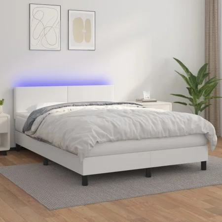 Box spring bed with mattress and LED white synthetic leather 140x200 cm by vidaXL, Beds and slatted bases - Ref: Foro24-31341...