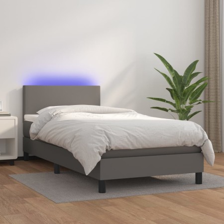 Cama box spring colchón y LED cuero sintético gris 100x200 cm