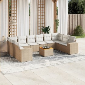 Set de sofás de jardín 11pzas con cojines ratán sintético beige