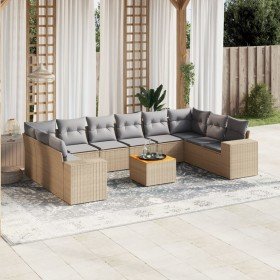 Set de sofás de jardín 11pzas con cojines ratán sintético beige