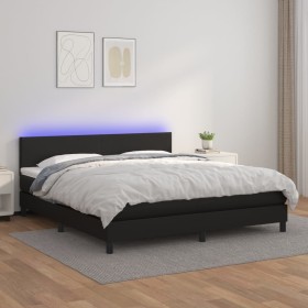 Cama box spring colchón y LED cuero sintético negro 180x200 cm