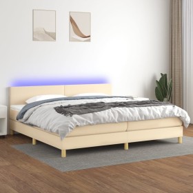Cama box spring con colchón y LED tela crema 200x200 cm
