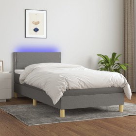 Cama box spring con colchón y LED tela gris oscuro 90x200 cm