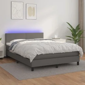 Box spring bed with mattress and LED gray synthetic leather 140x190 cm by vidaXL, Beds and slatted bases - Ref: Foro24-313410...