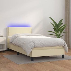 Cama box spring y colchón LED cuero sintético crema 80x200 cm