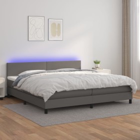 Cama box spring colchón y LED cuero sintético gris 200x200 cm
