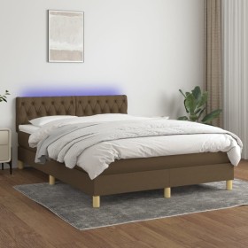 Cama box spring con colchón LED tela marrón oscuro 140x200 cm
