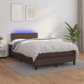 Cama box spring colchón y LED cuero sintético marrón 120x200 cm