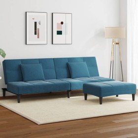 Sofá cama de 2 plazas con taburete terciopelo azul Sofá cama de 2 plazas con taburete terciopelo azul
