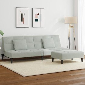 Sofá cama de 2 plazas con taburete terciopelo gris claro