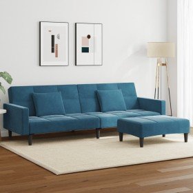 Sofá cama de 2 plazas con taburete terciopelo azul Sofá cama de 2 plazas con taburete terciopelo azul