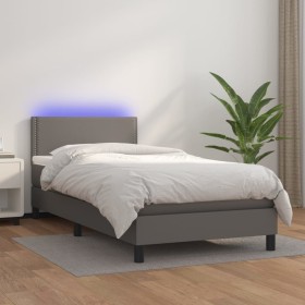 Cama box spring y colchón LED cuero sintético gris 90x200 cm