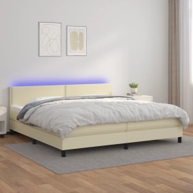 Cama box spring colchón y LED cuero sintético crema 200x200 cm