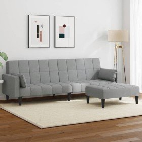 Sofá cama de 2 plazas con taburete tela gris claro Sofá cama de 2 plazas con taburete tela gris claro